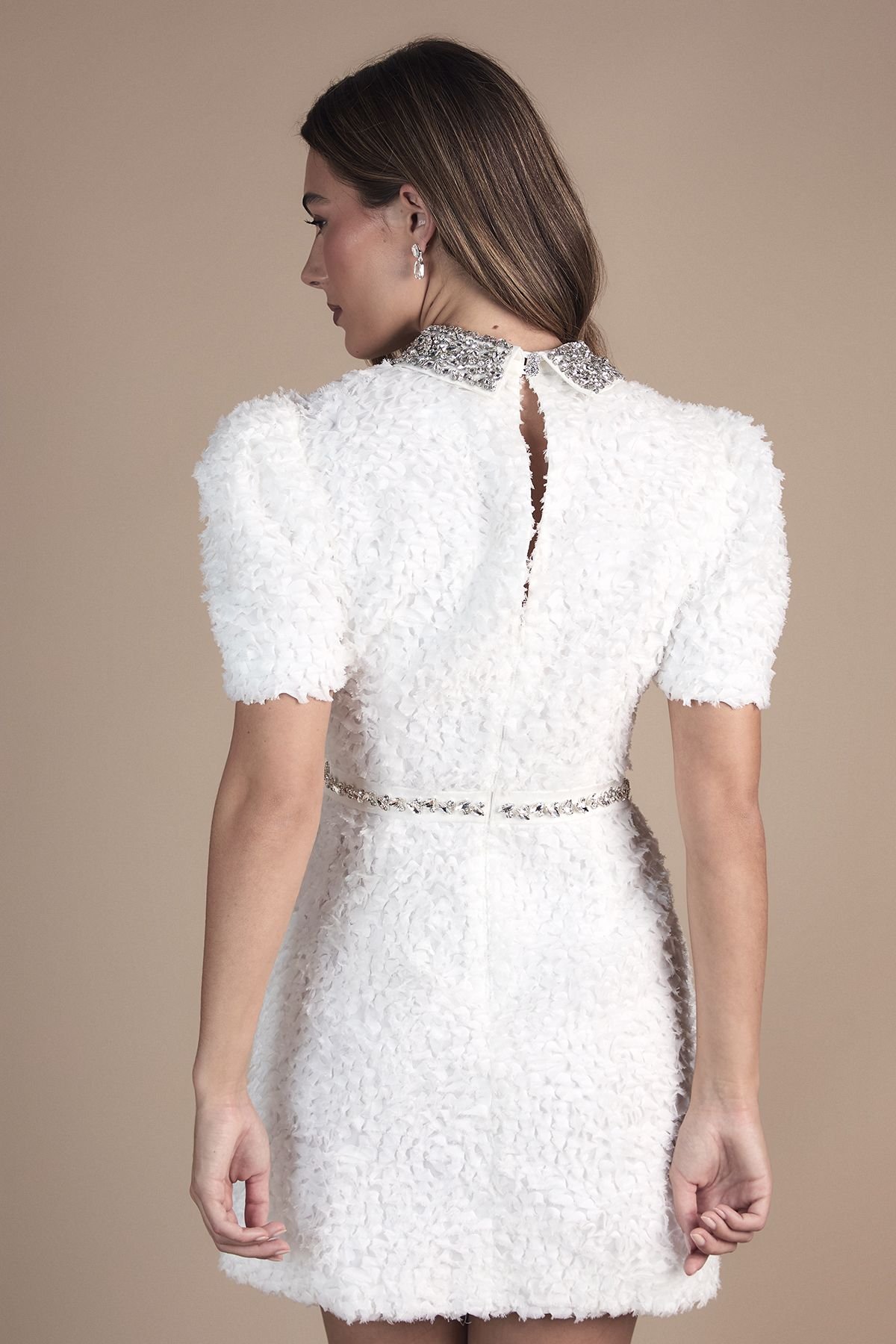 Coast Coast Women's Short Sleeve Jewel Trim Embellished Mini Dress in Ivory - 3