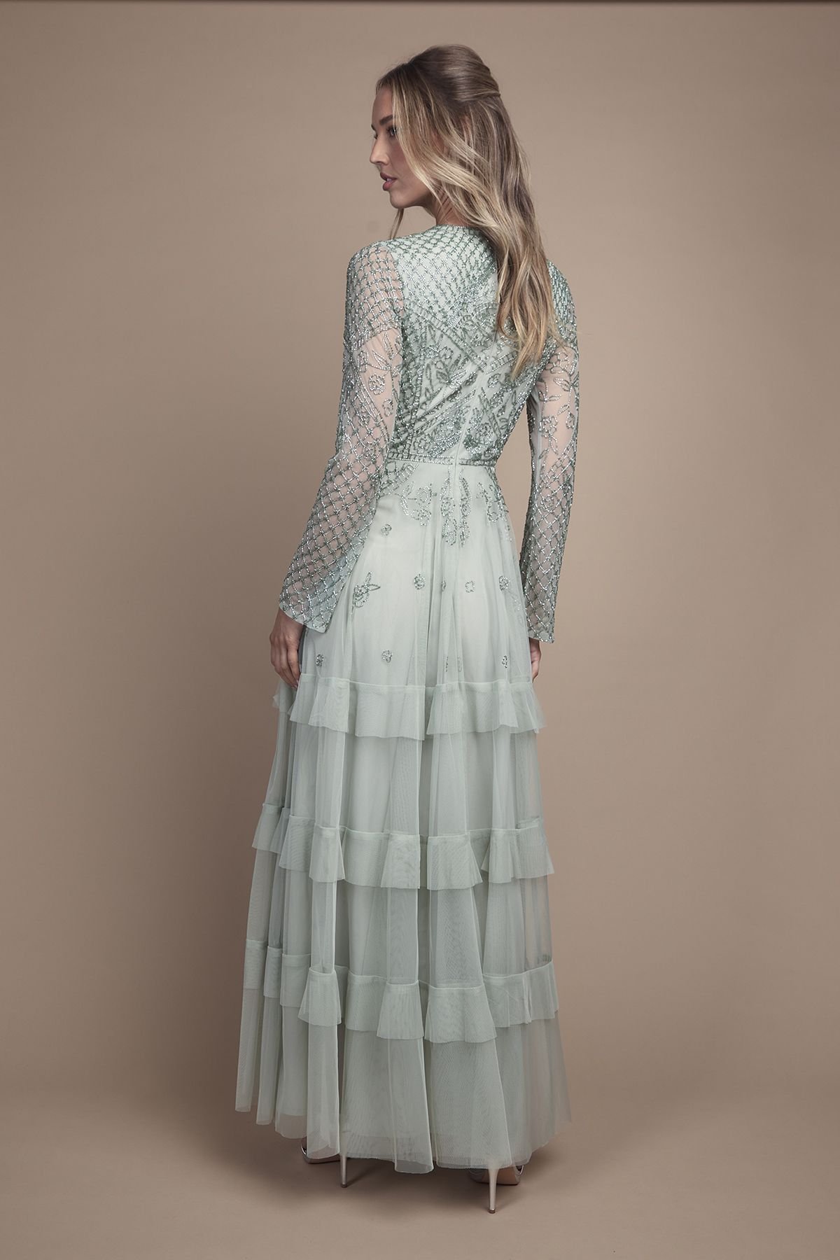 Coast Coast Women's Embellished Artwork Long Sleeve Tiered Bridesmaid Maxi Dress in Sage - 3