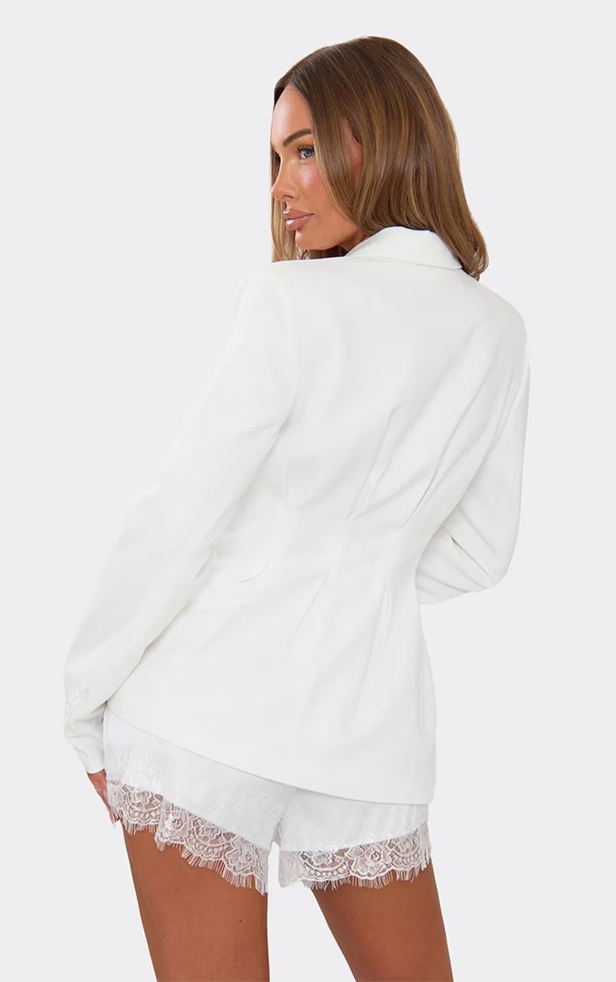 EGO Long Sleeve Button Front Cinched Waist Longline Blazer In Ivory, Women's Size UK 6