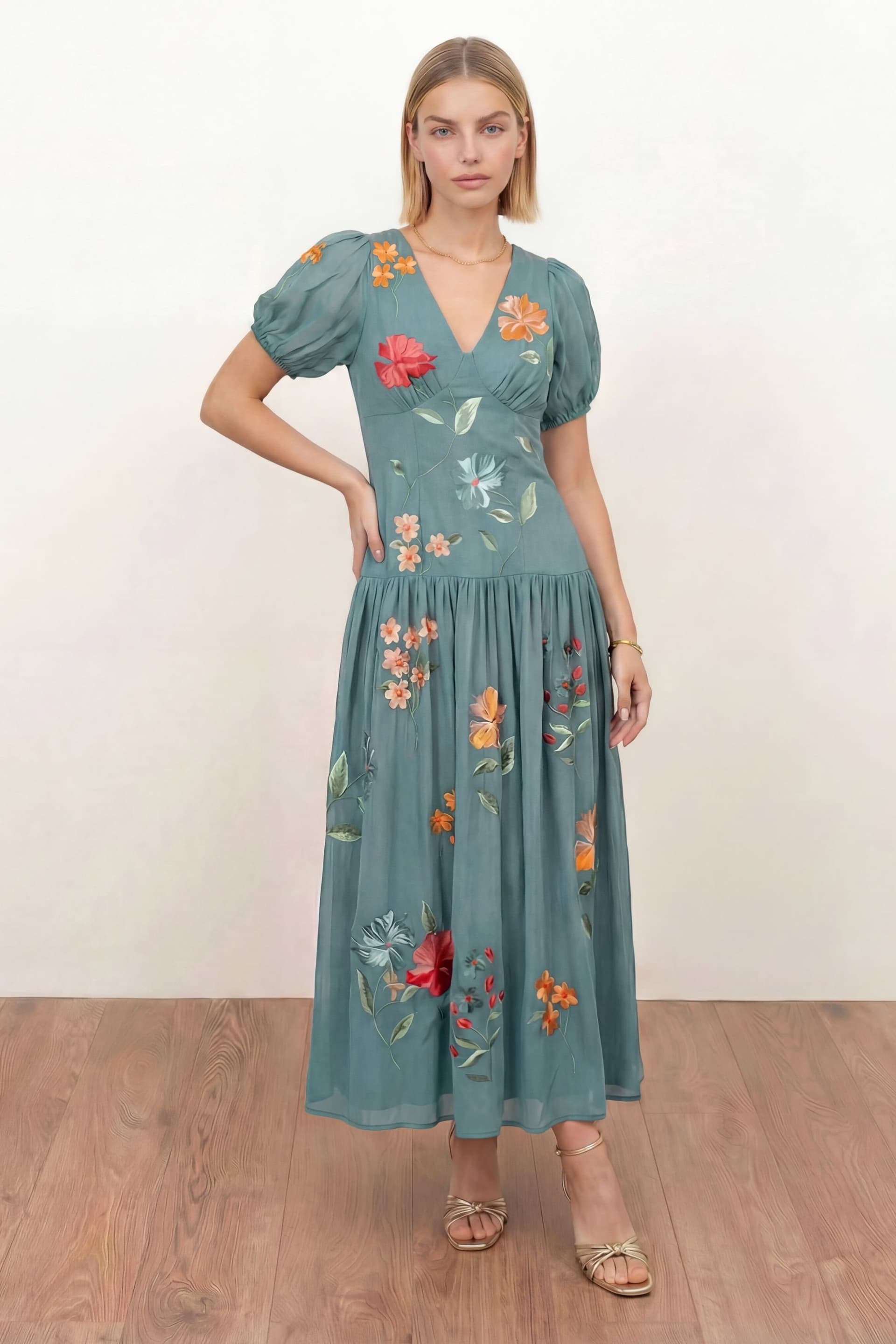 Maya Deluxe Maya Deluxe Women's Floral Embroidered Dropped Waist Midaxi Dress in Teal