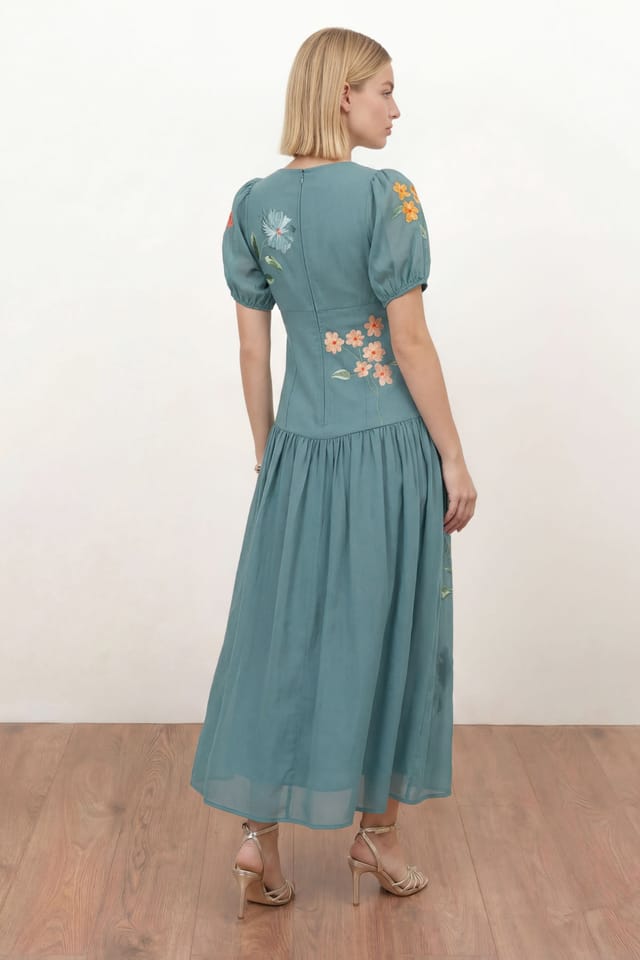 Maya Deluxe Maya Deluxe Women's Floral Embroidered Dropped Waist Midaxi Dress in Teal - 2