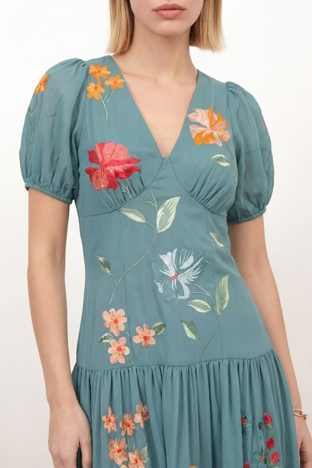 Maya Deluxe Maya Deluxe Women's Floral Embroidered Dropped Waist Midaxi Dress in Teal - 3