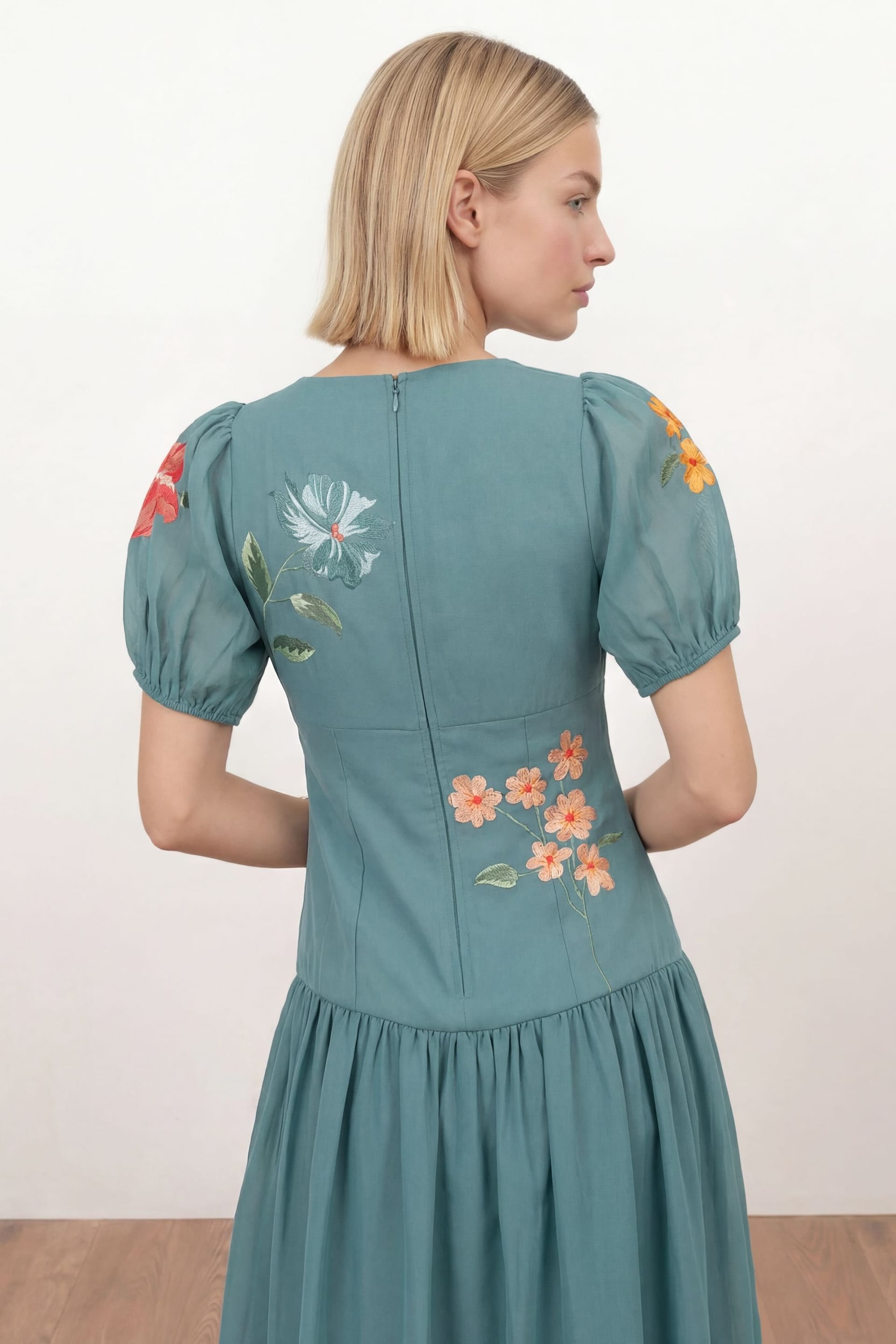 Maya Deluxe Maya Deluxe Women's Floral Embroidered Dropped Waist Midaxi Dress in Teal - 4