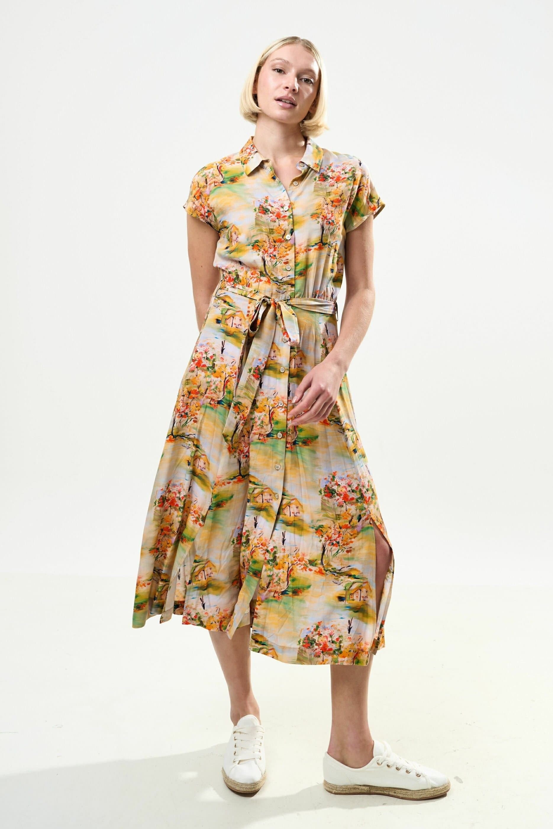 Louche Louche Women's Fleur Oriental Landscape Print Midi Shirtdress - Yellow