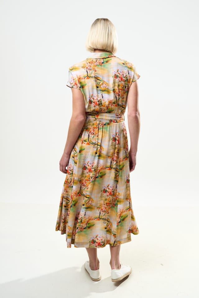Louche Louche Women's Fleur Oriental Landscape Print Midi Shirtdress - Yellow - 2
