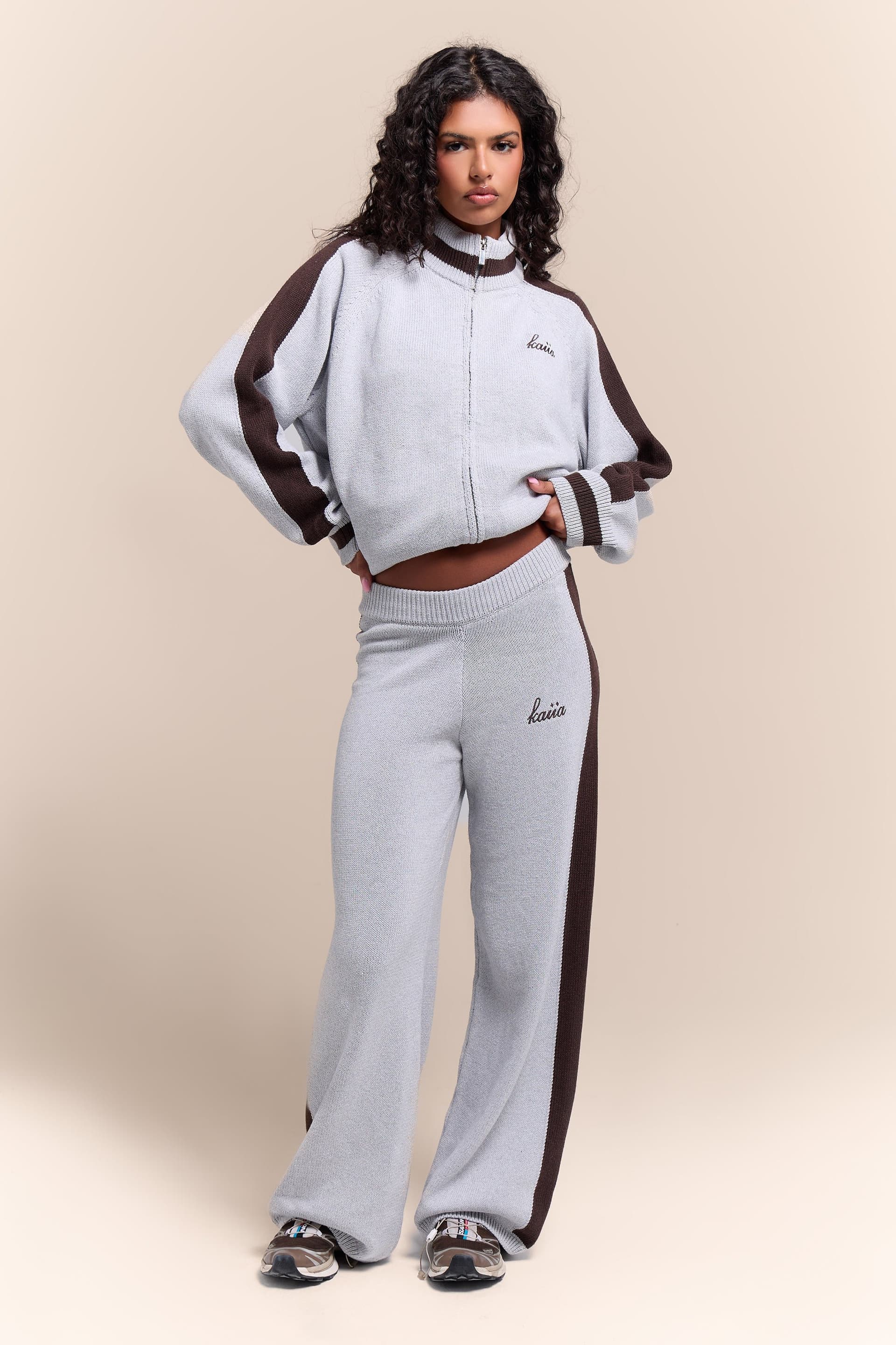 Kaiia Kaiia Knit Sport Stripe Wide Leg Trousers Grey Marl & Chocolate