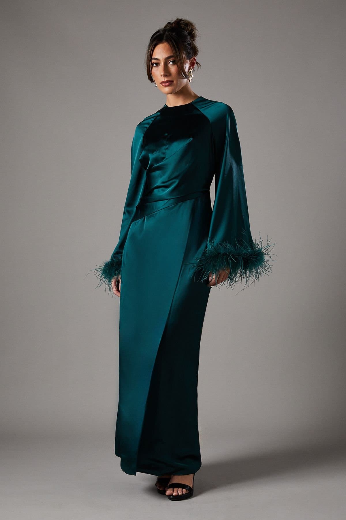 Coast Coast Women's Feather Trim Satin Maxi Dress in Green