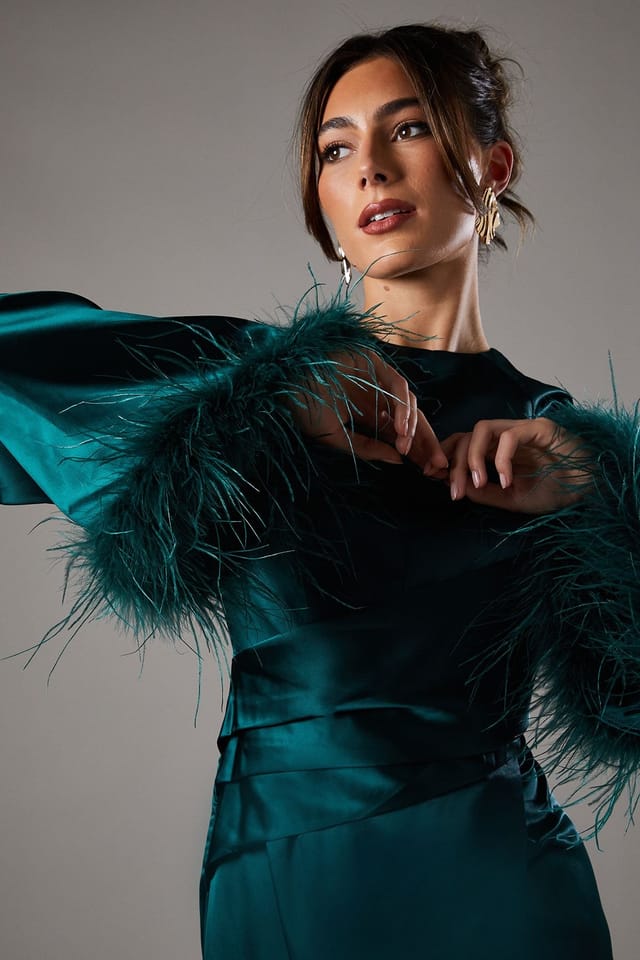 Coast Coast Women's Feather Trim Satin Maxi Dress in Green - 2