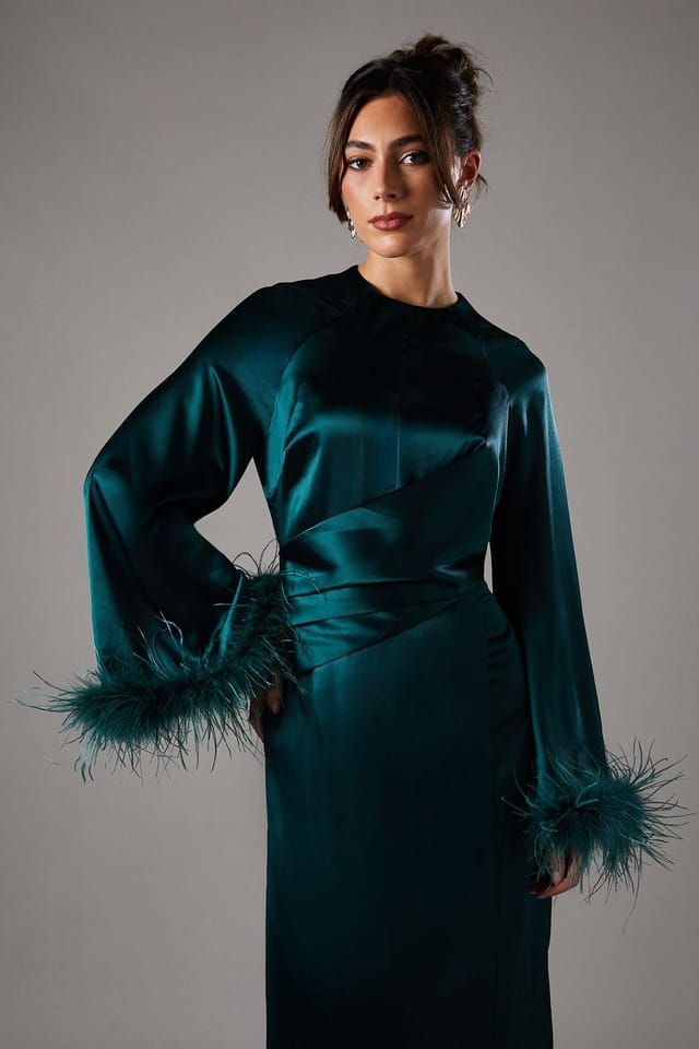 Coast Coast Women's Feather Trim Satin Maxi Dress in Green - 3