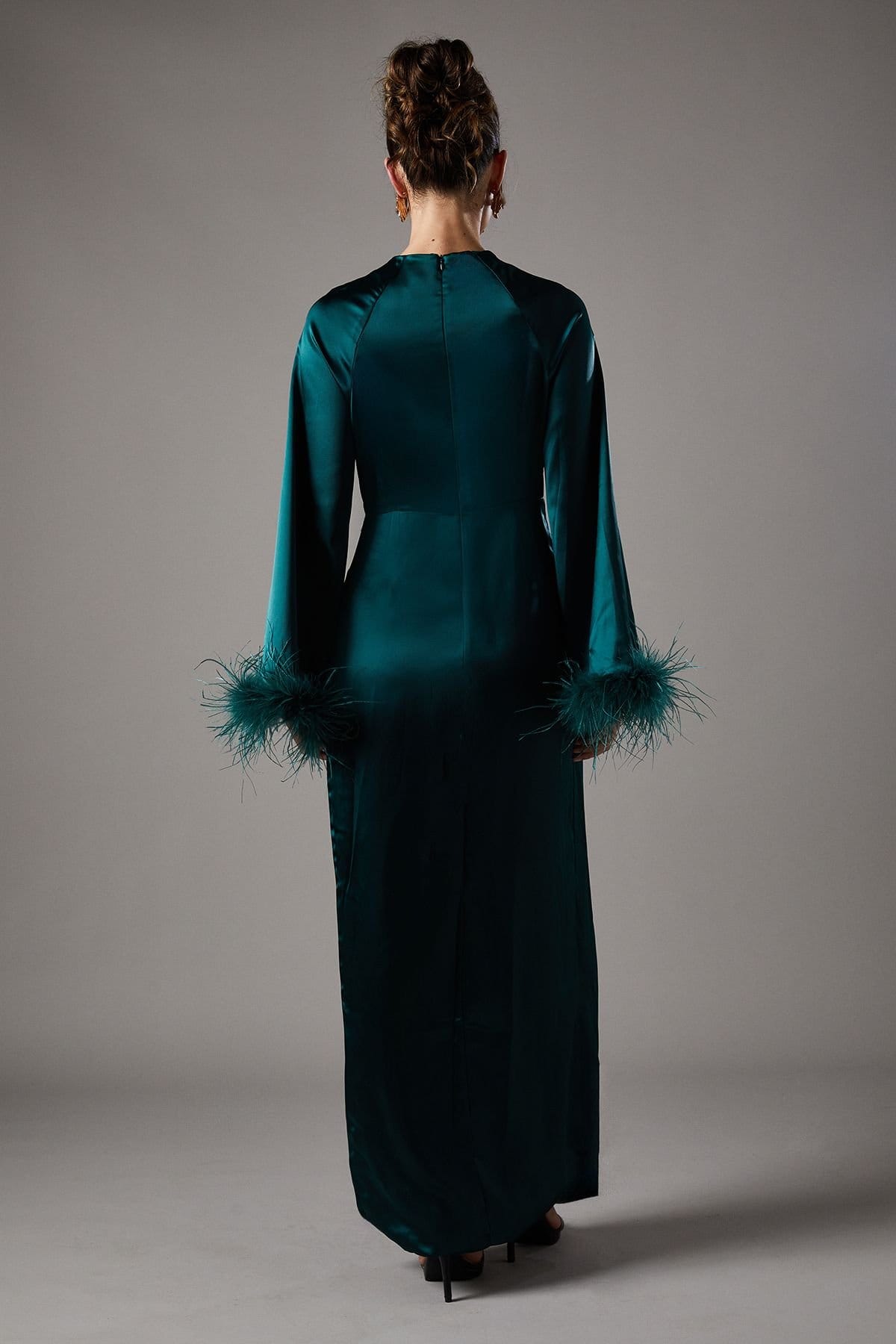 Coast Coast Women's Feather Trim Satin Maxi Dress in Green - 4