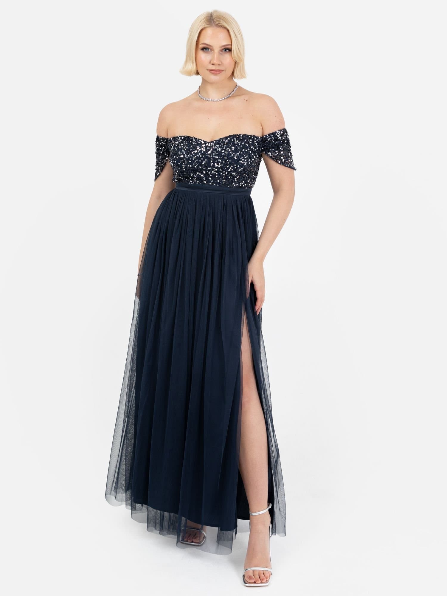 Maya Deluxe Maya Deluxe Women's Embellished Sweetheart Bardot Maxi Dress in Dark Navy