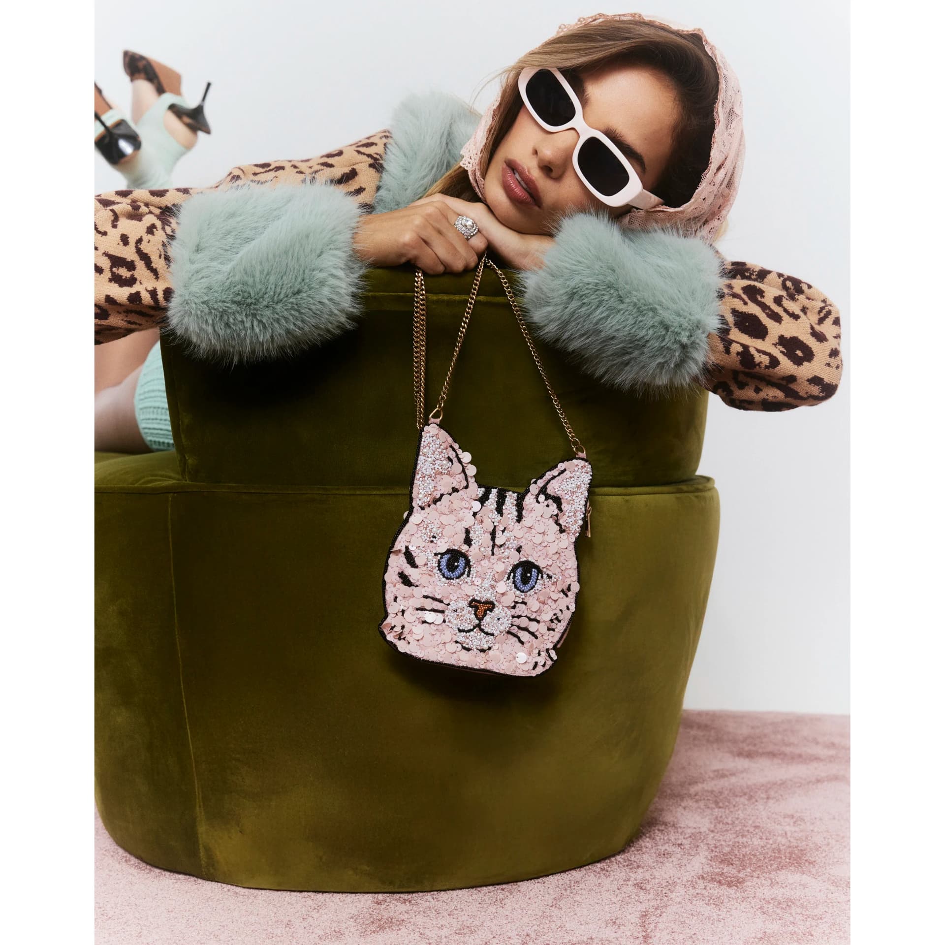 River Island River Island Womens Pink Beaded Cat Crossbody Bag