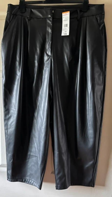 F&F F&F Black Leather Look Wide Leg Trousers Size 20R BNWT Plus Size