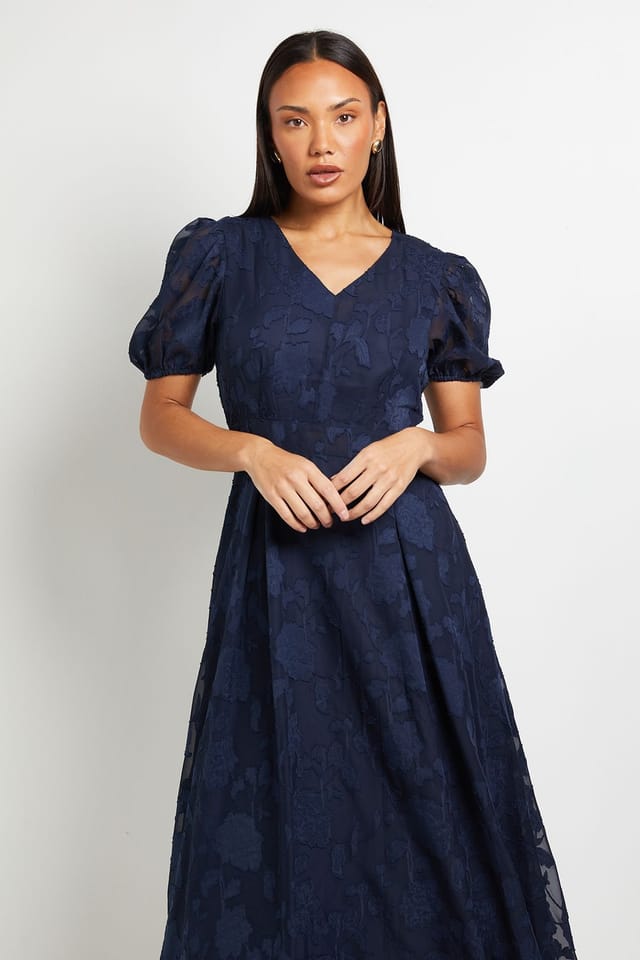 Wallis Wallis Women's Floral Jacquard Puff Sleeve Midi Dress in Navy - 2