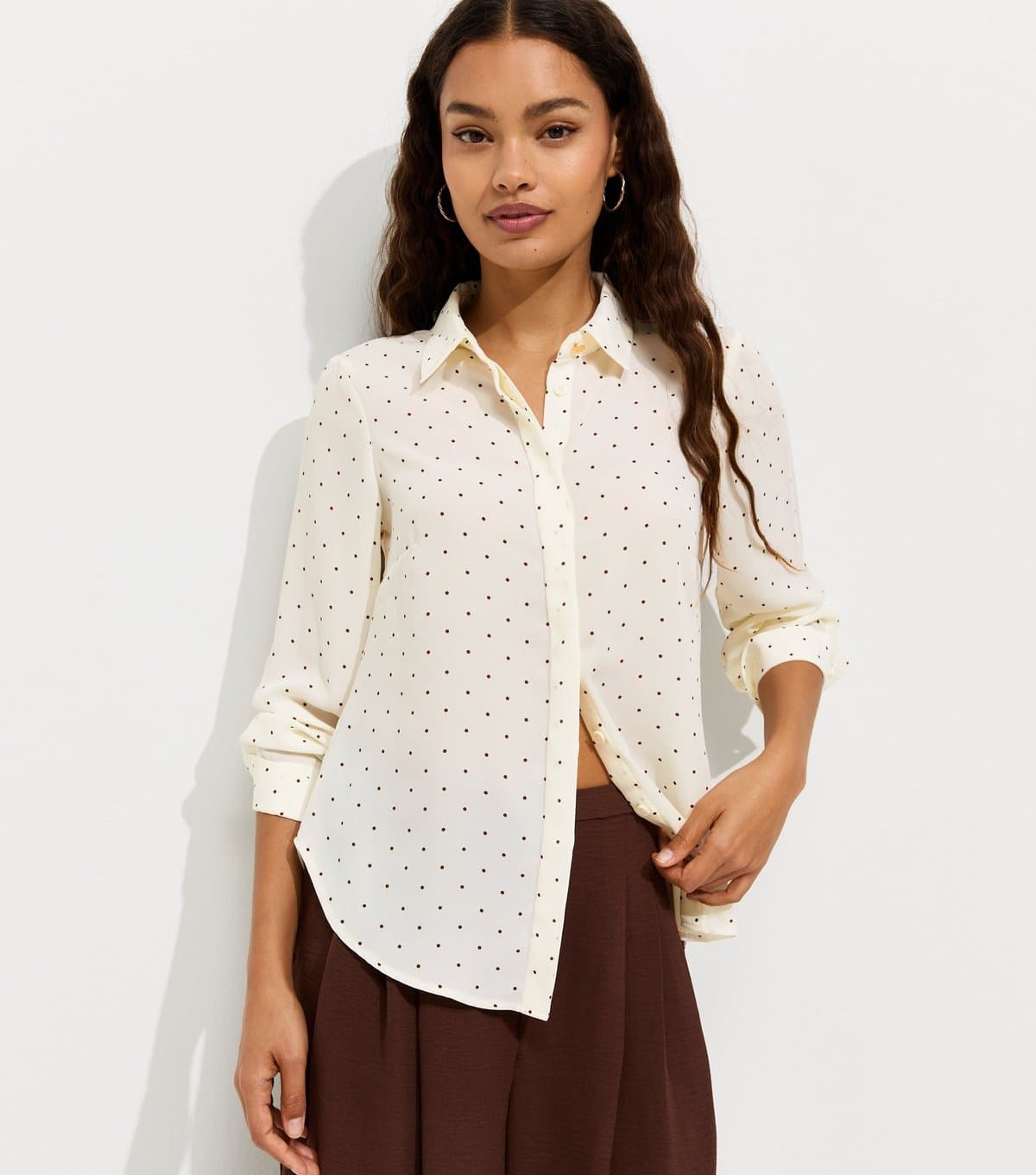 New Look Women's Petite White Polka Dot Gold Button Shirt New Look