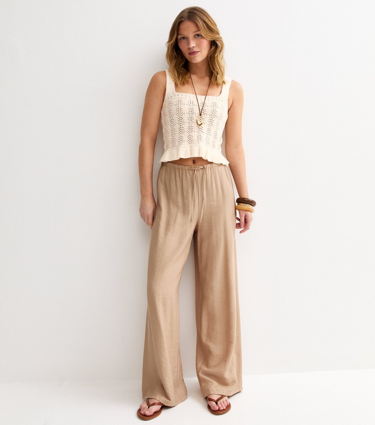 New Look Women's Cream Square Neck Cotton Rich Pointelle Knit Vest New Look - 3