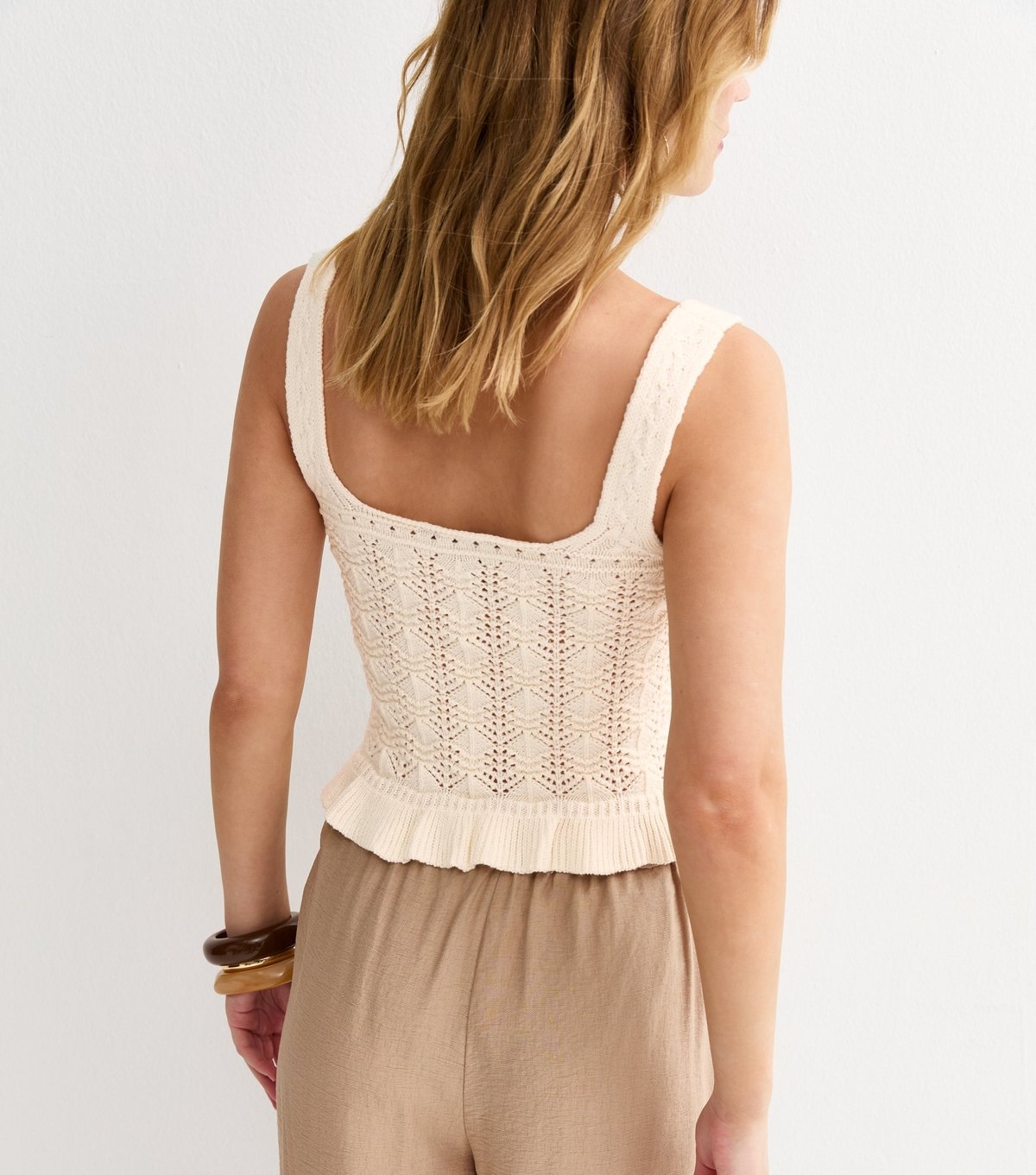 New Look Women's Cream Square Neck Cotton Rich Pointelle Knit Vest New Look - 4