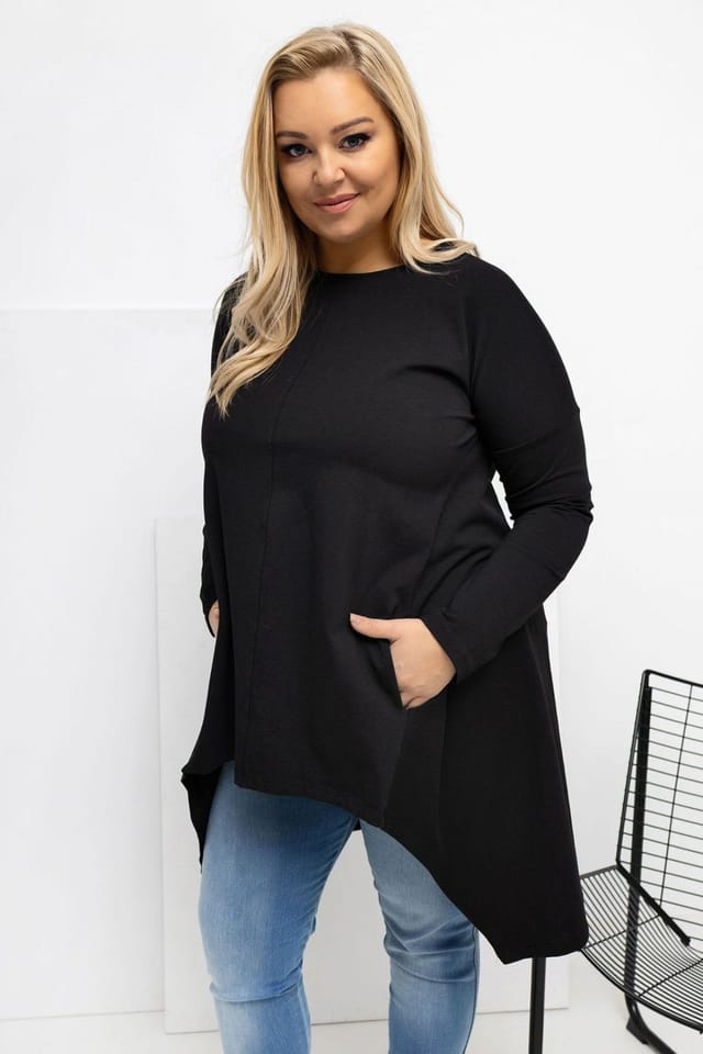 Love Lace Love Lace Women's Asymmetrical Plus Size Cotton Blouse with Pockets in Black - 3