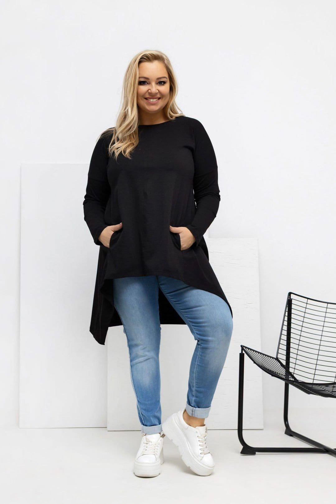 Love Lace Love Lace Women's Asymmetrical Plus Size Cotton Blouse with Pockets in Black - 4