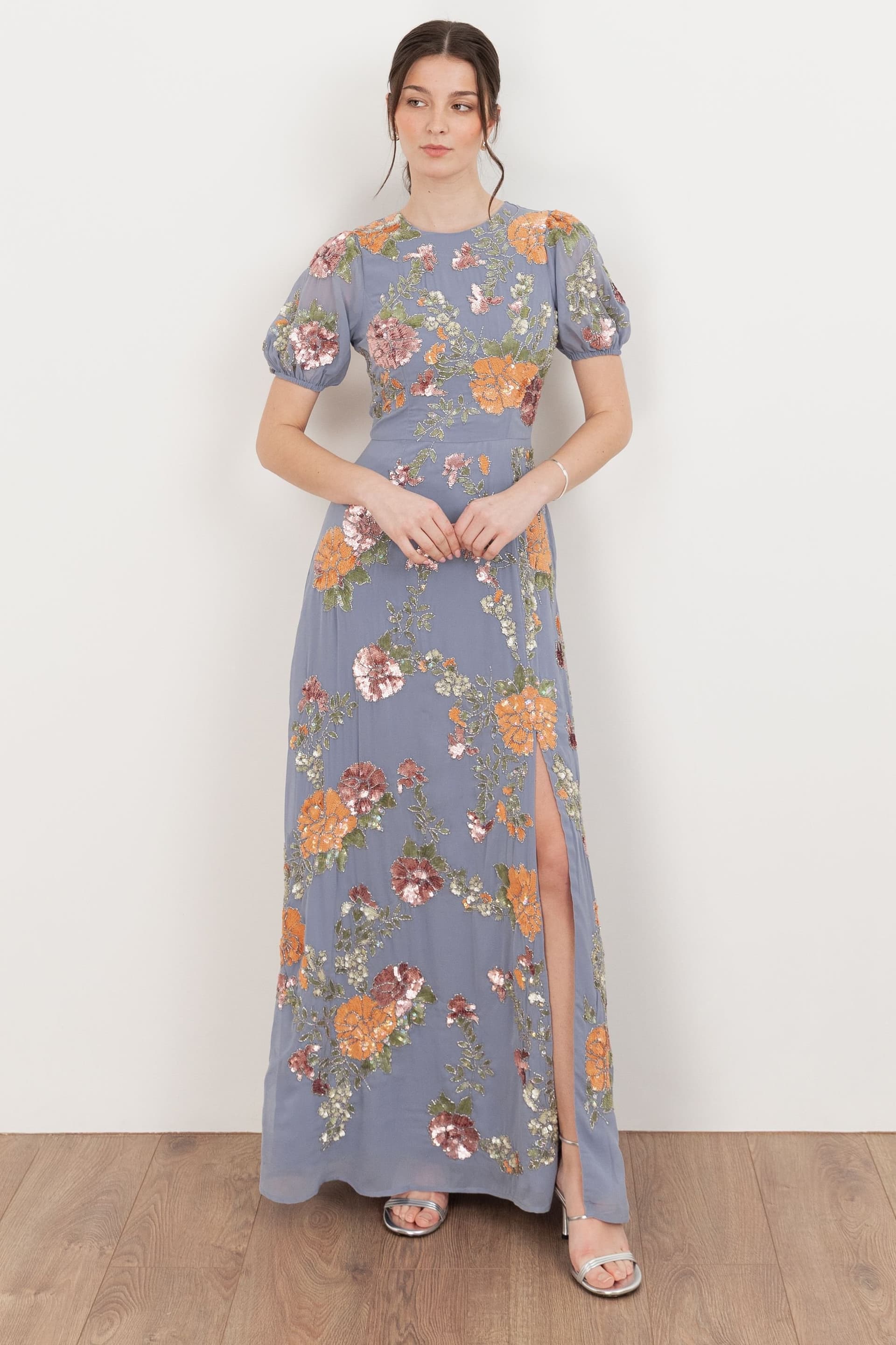 Maya Deluxe Maya Deluxe Women's Embellished Puff Sleeve Open Back Maxi Dress in Blue