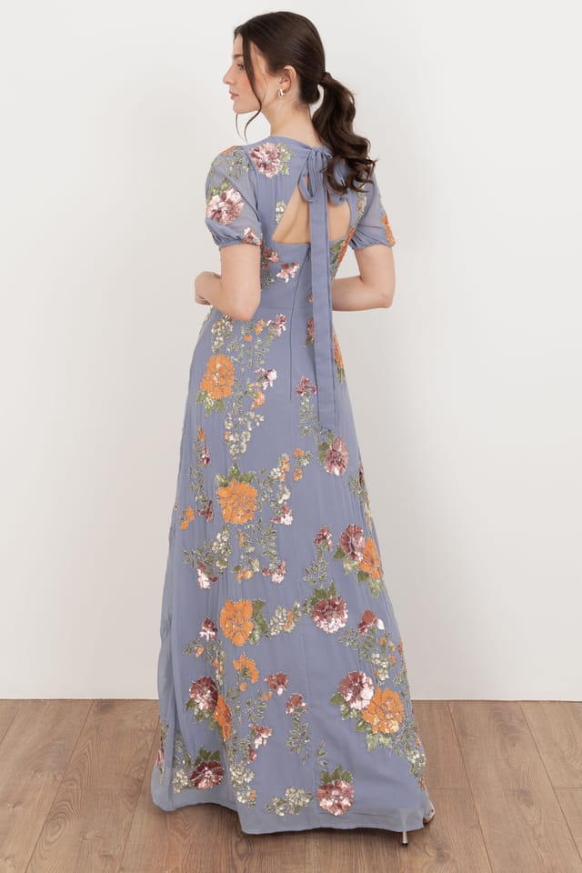 Maya Deluxe Maya Deluxe Women's Embellished Puff Sleeve Open Back Maxi Dress in Blue - 2