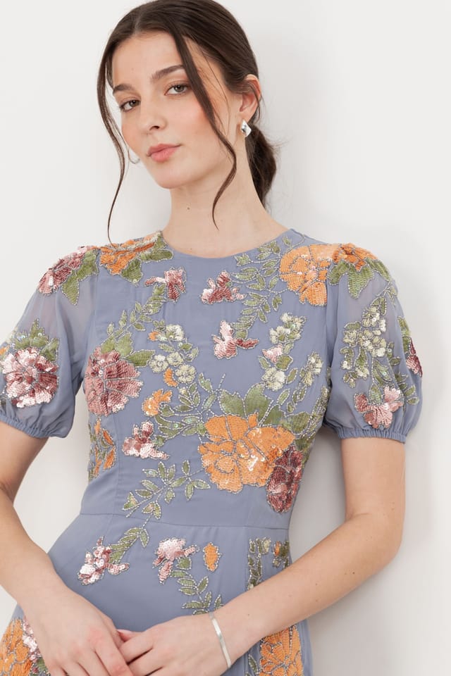 Maya Deluxe Maya Deluxe Women's Embellished Puff Sleeve Open Back Maxi Dress in Blue - 3