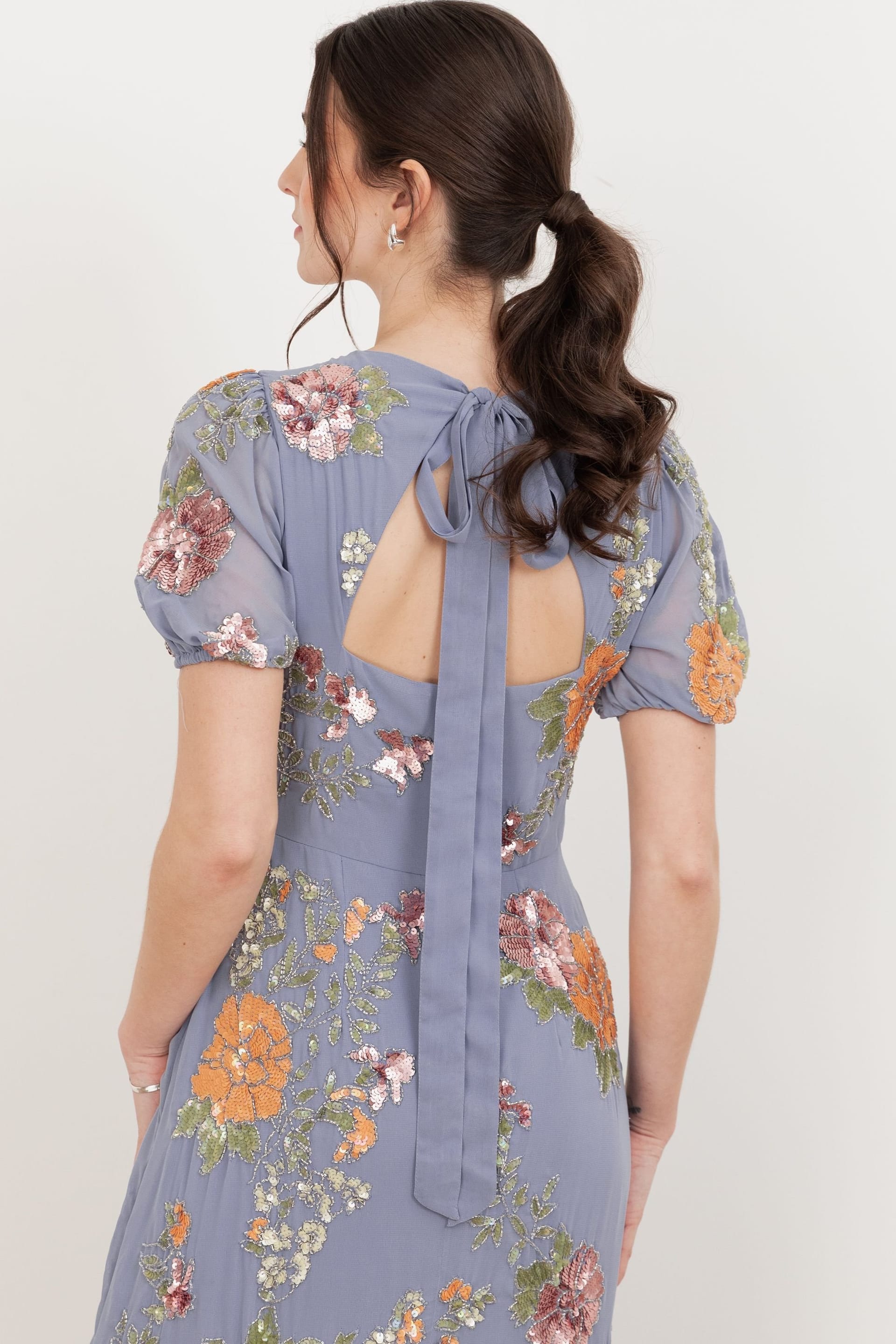 Maya Deluxe Maya Deluxe Women's Embellished Puff Sleeve Open Back Maxi Dress in Blue - 4