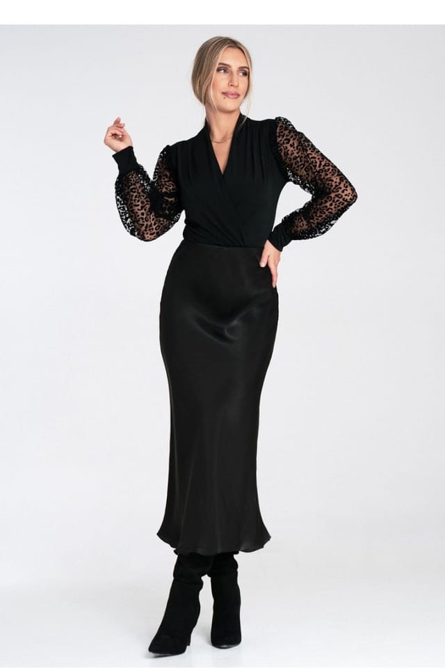 Love Lace Love Lace Women's Satin Midi Skirt with Elastic Waistband Style 214938 in Black - 2