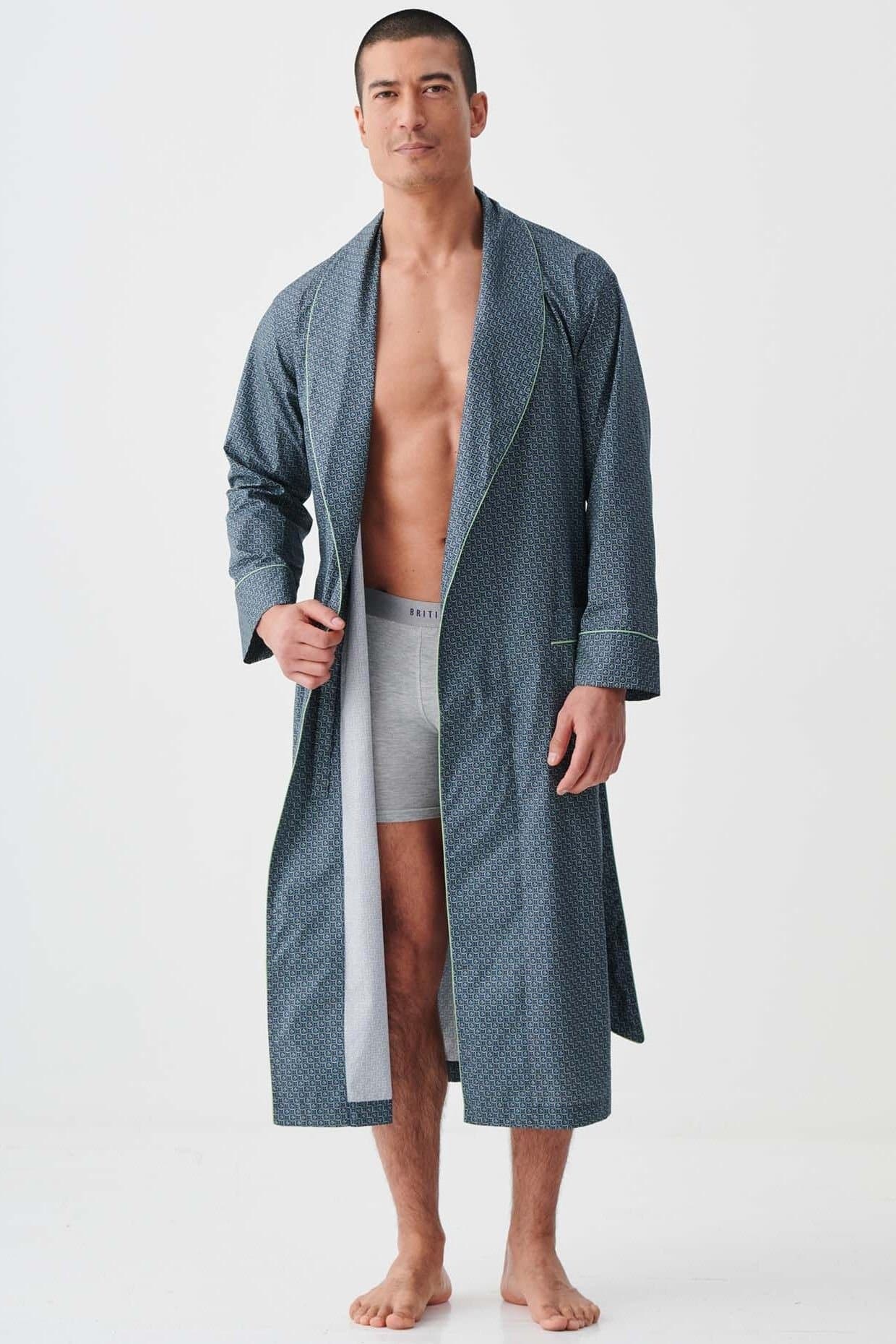 British Boxers British Boxers Men's "Geometric Moorland" Crisp Cotton Dressing Gown in Dark Green