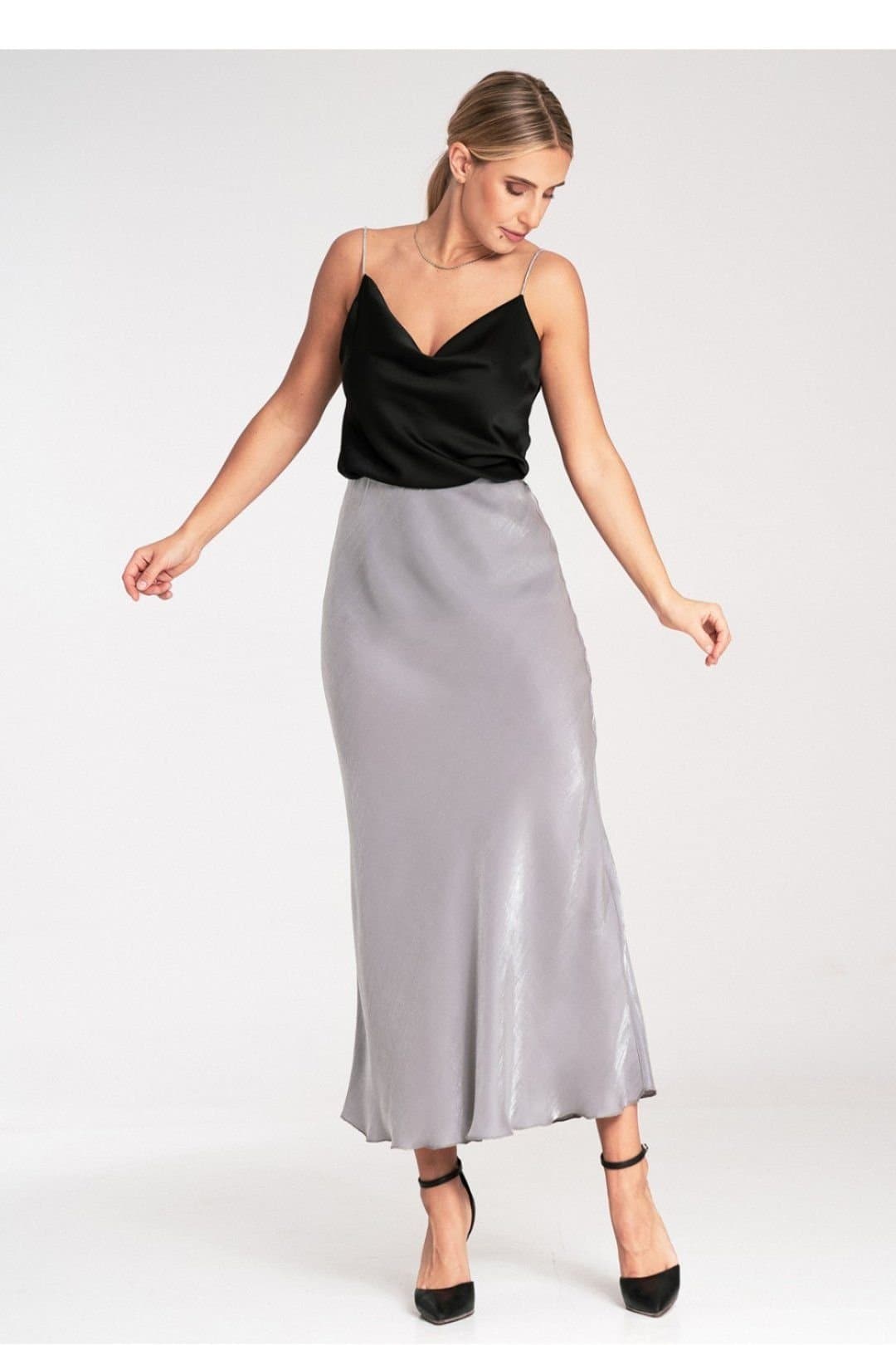 Love Lace Love Lace Women's Satin Midi Skirt with Elastic Waistband in Grey