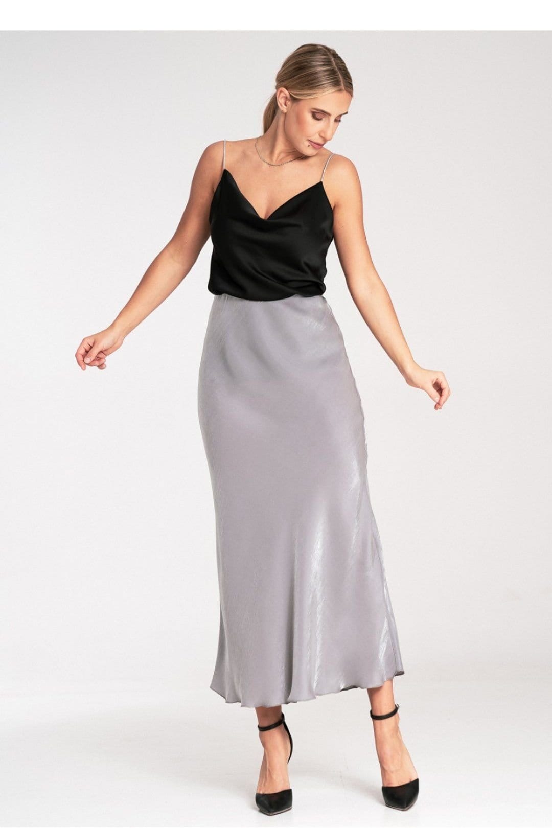 Love Lace Grey Satin Midi Skirt with Elastic Waistband