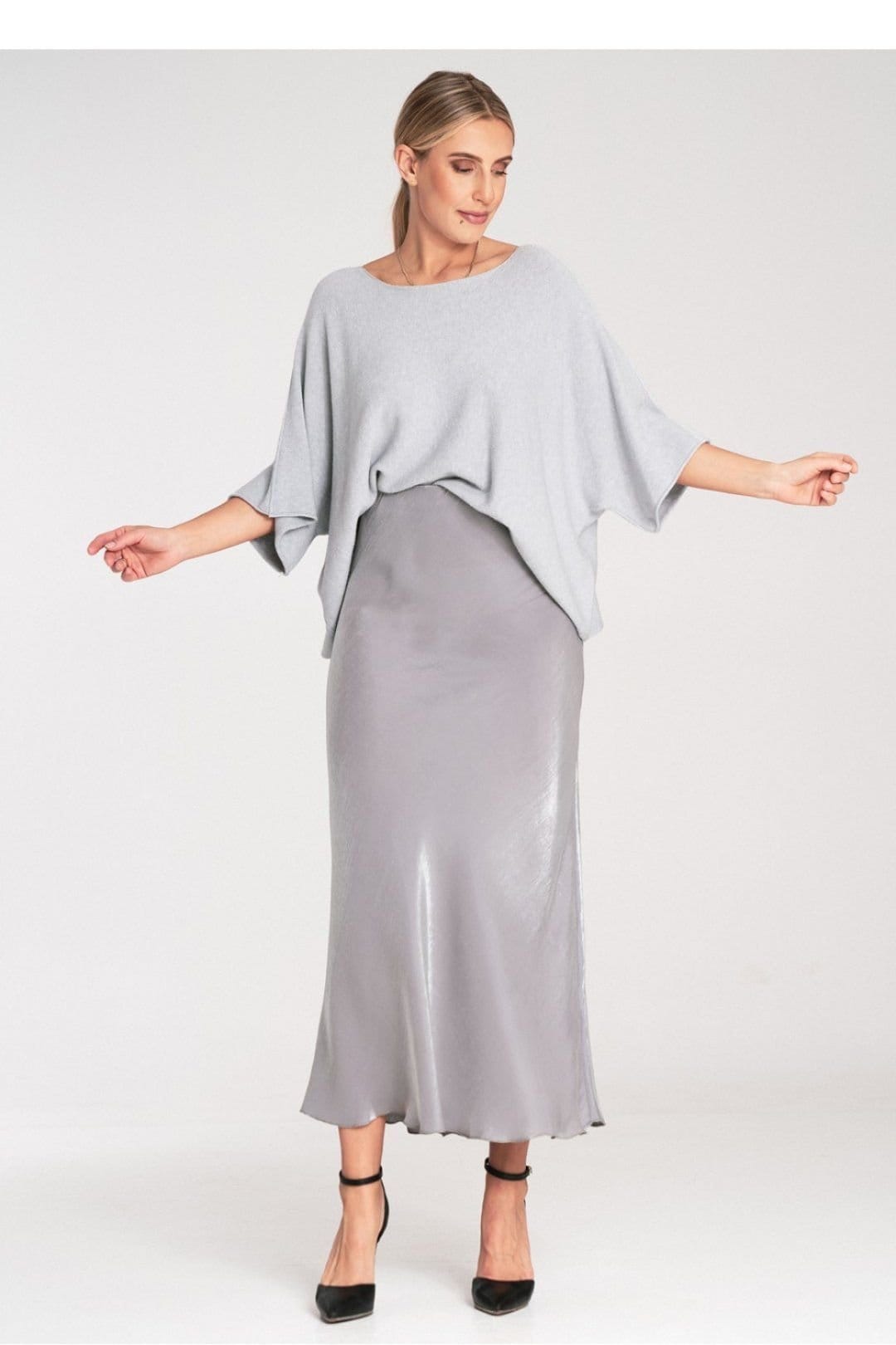 Love Lace Love Lace Women's Satin Midi Skirt with Elastic Waistband in Grey - 4