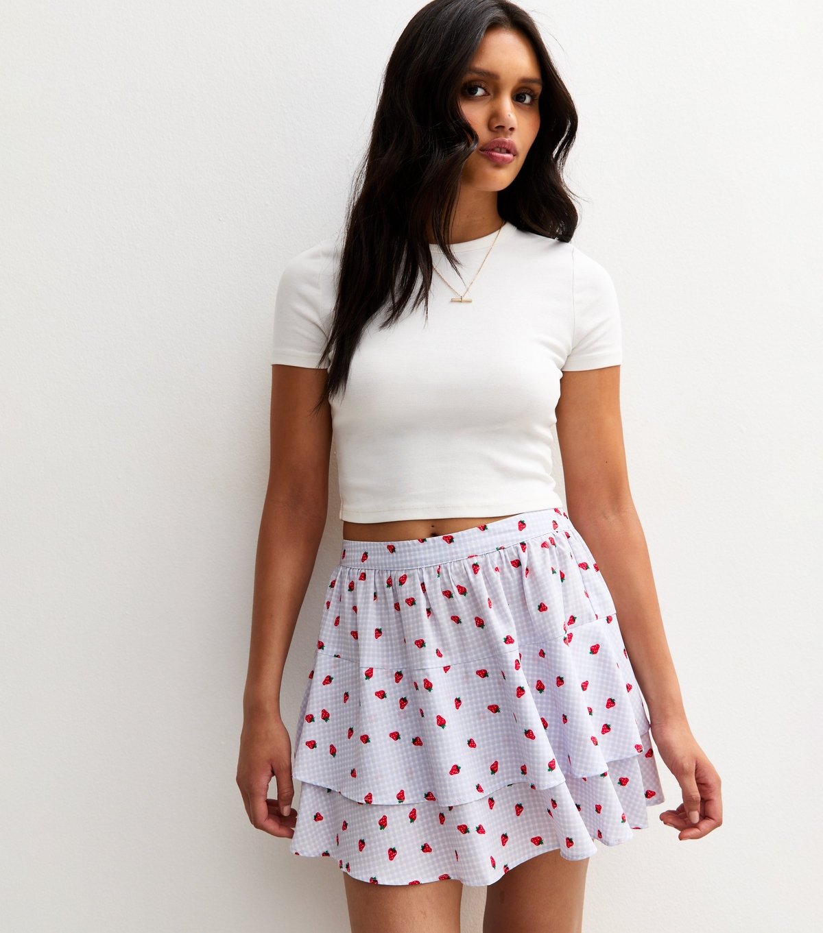 New Look Women's Blue Crepe Tiered Gingham Strawberry Print Mini Skirt New Look - 1