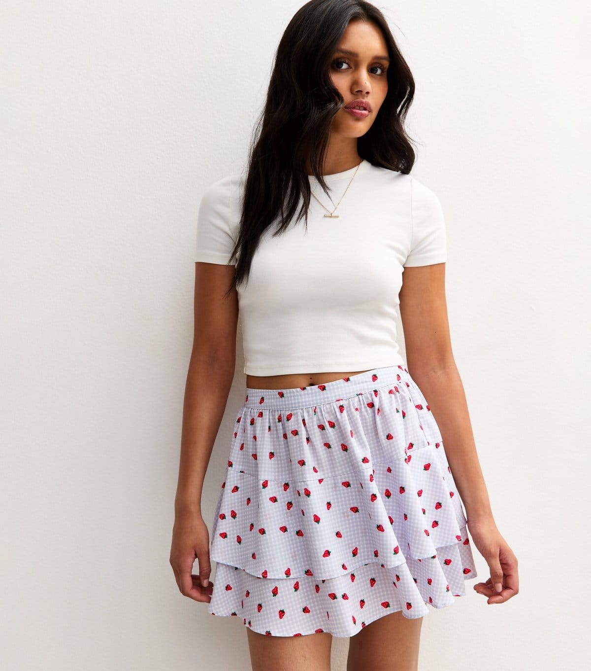 New Look Women's Blue Crepe Tiered Gingham Strawberry Print Mini Skirt New Look - 1