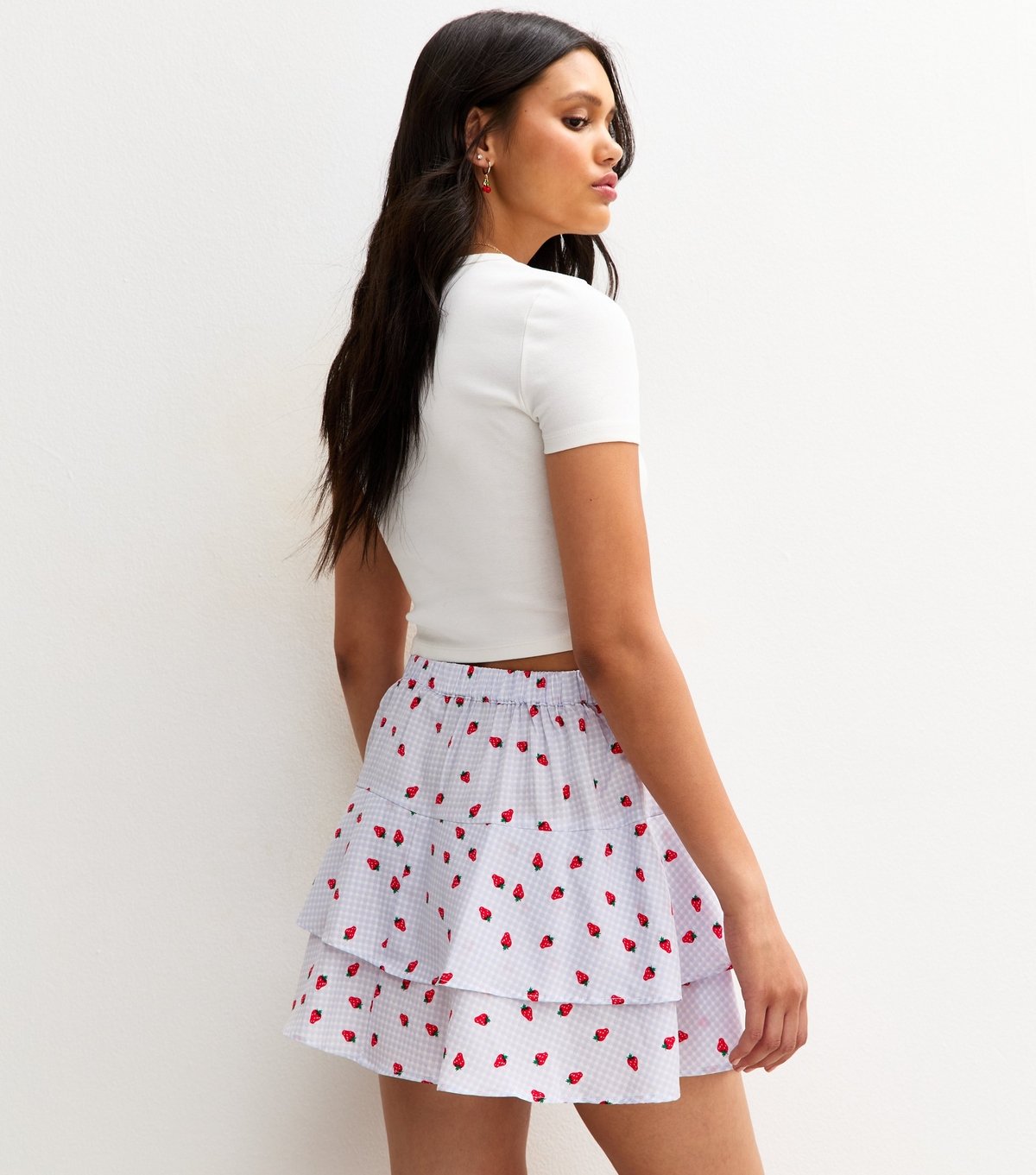 New Look Women's Blue Crepe Tiered Gingham Strawberry Print Mini Skirt New Look - 4