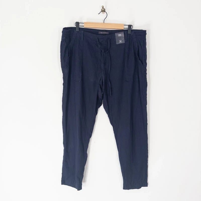 Marks & Spencer M&S Linen Blend Peg Trousers Size 18 Regular NEW Navy Blue Ankle Grazer