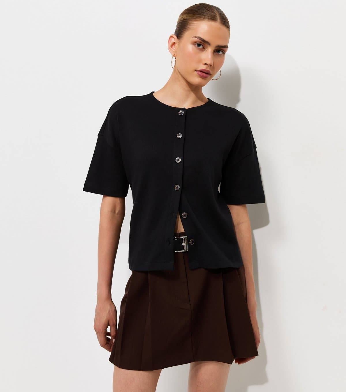 New Look Women's Premium Black Heavyweight Cotton Button Through T-Shirt New Look