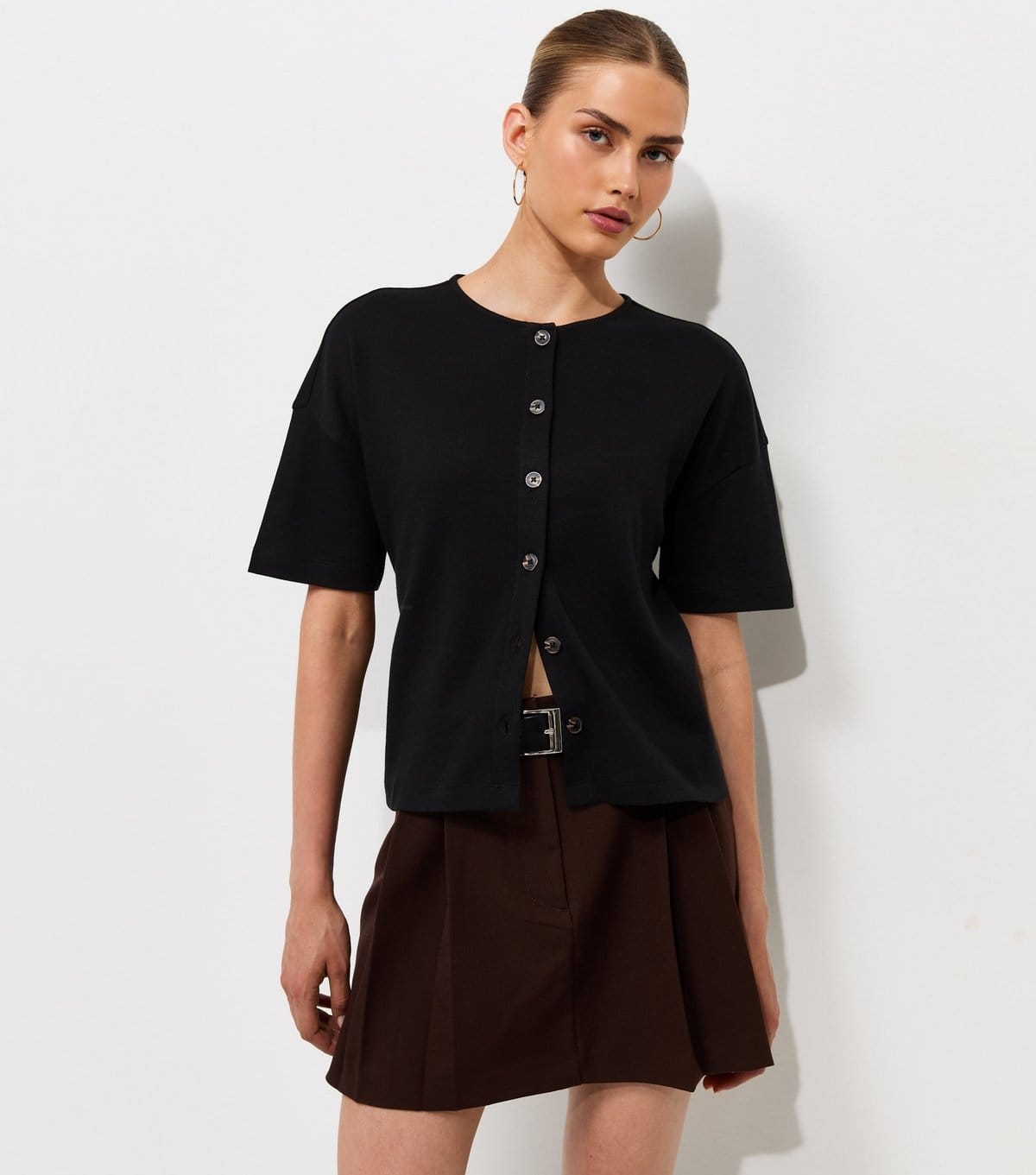 Women's Premium Black Heavyweight Cotton Button Through T-Shirt New Look