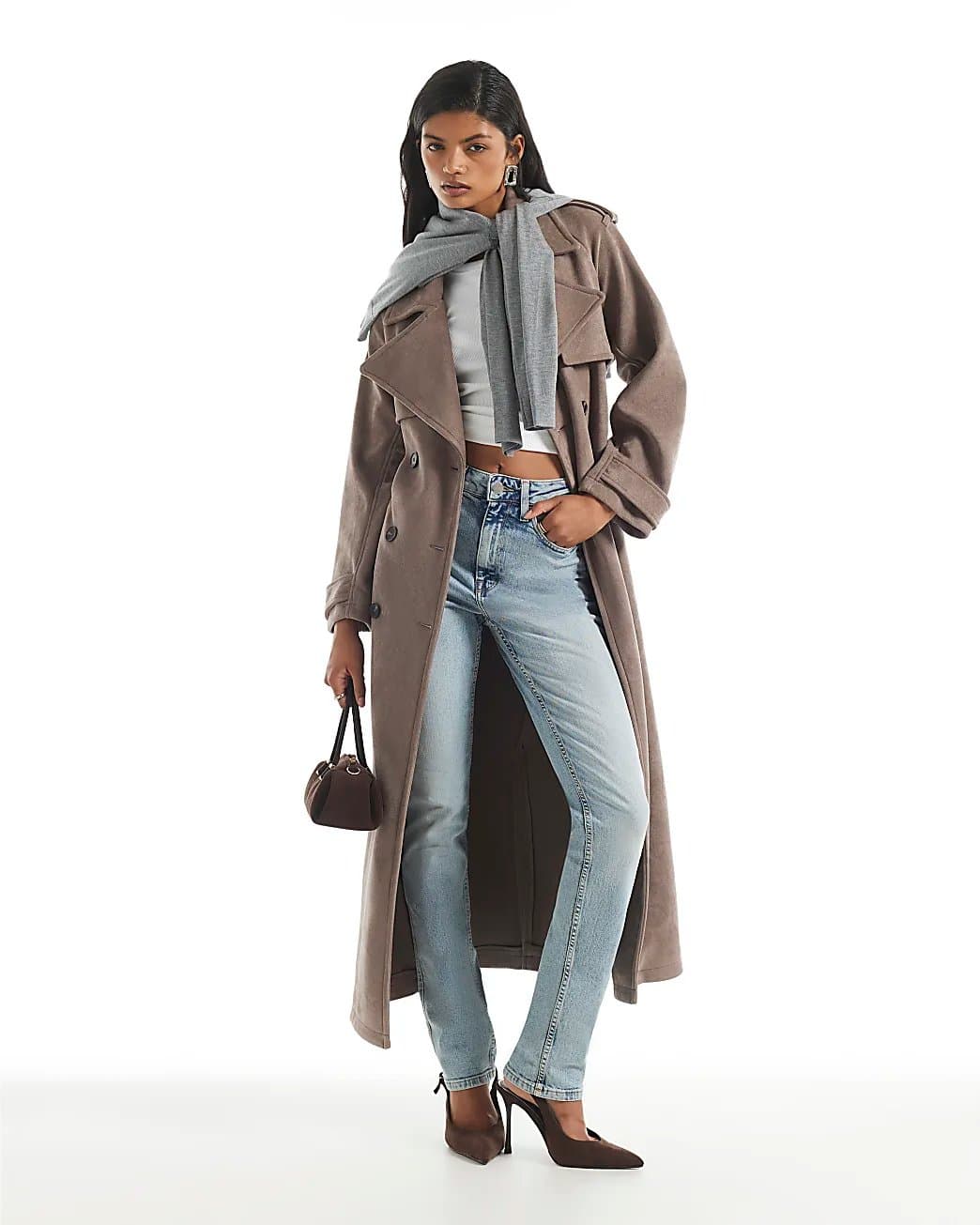 River Island River Island Womens Brown Faux Suede Belted Trench Coat