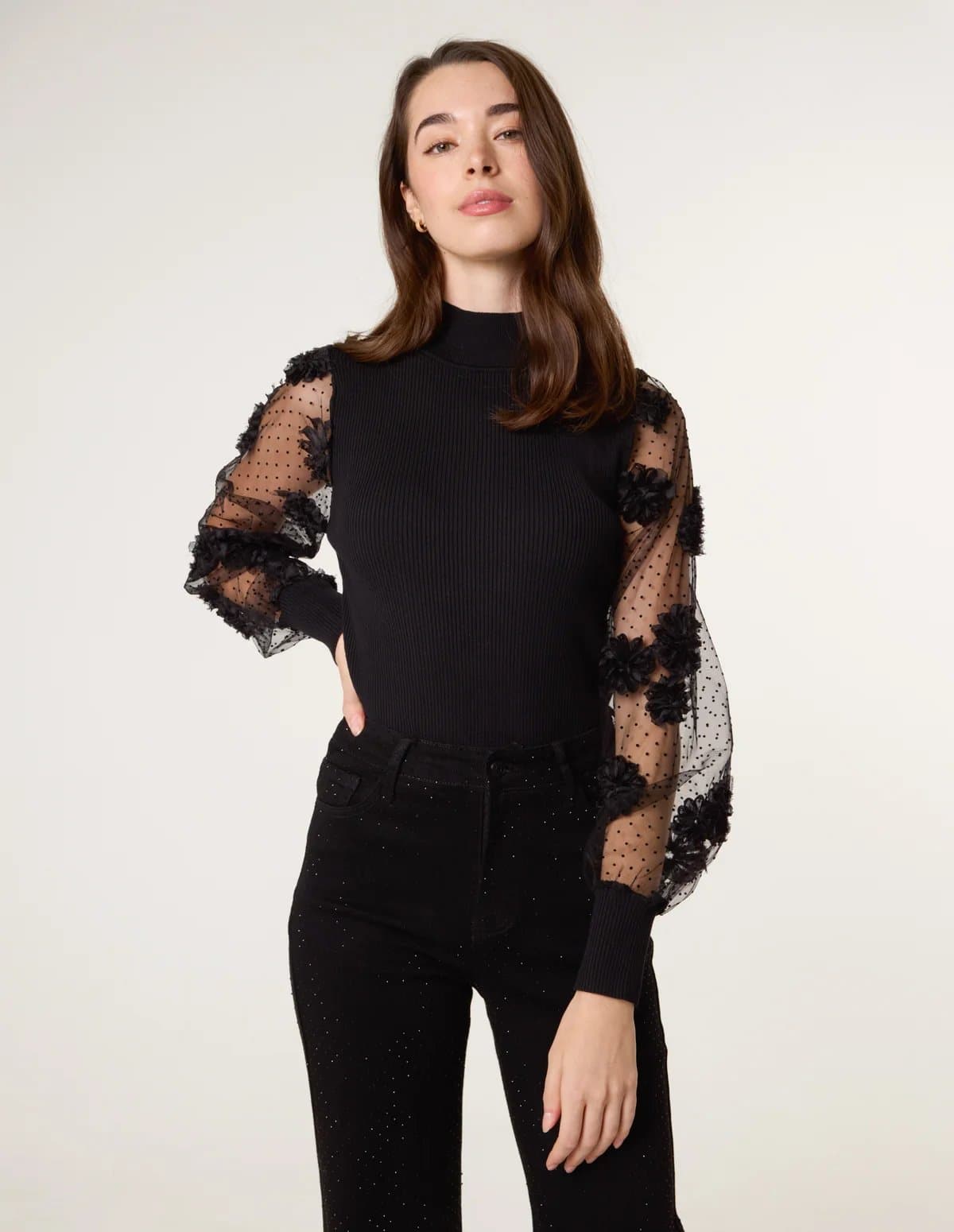 Blue Vanilla Turtle Neck Jumper With Mesh Polka Dot And Flower Detailed Sleeves