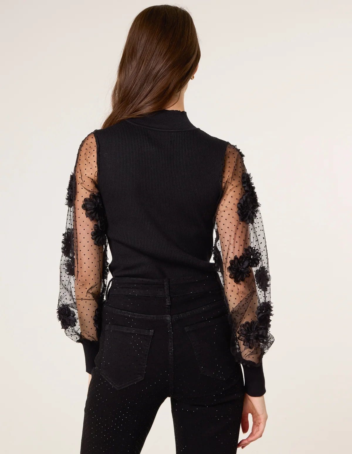 Blue Vanilla Turtle Neck Jumper With Mesh Polka Dot And Flower Detailed Sleeves - 4