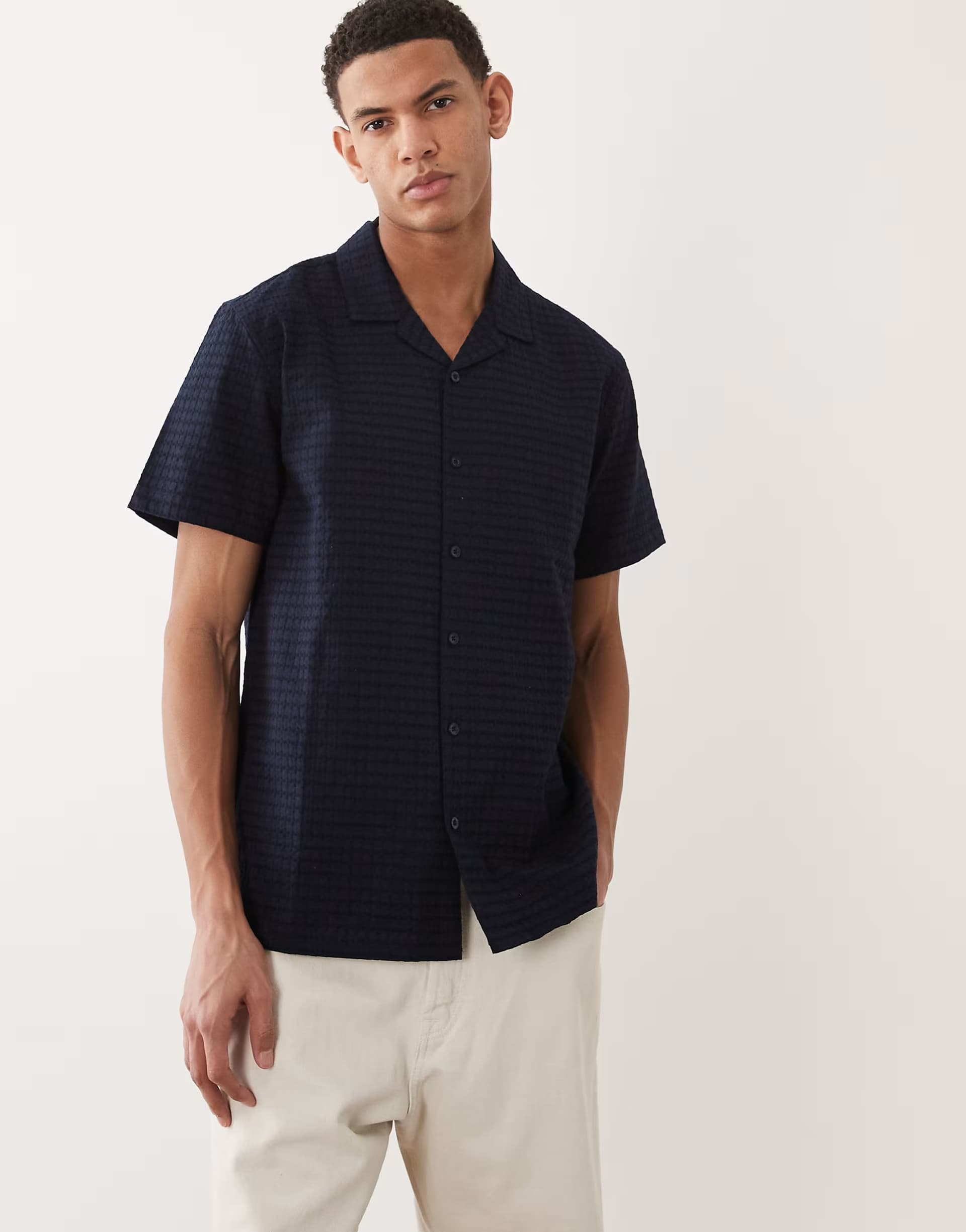 ASOS Brave Soul short sleeve textured shirt with revere collar in navy