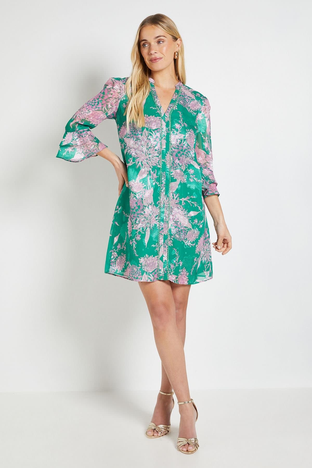 Wallis Wallis Women's Petite Floral Burn Out Ruffle Shift Dress in Green