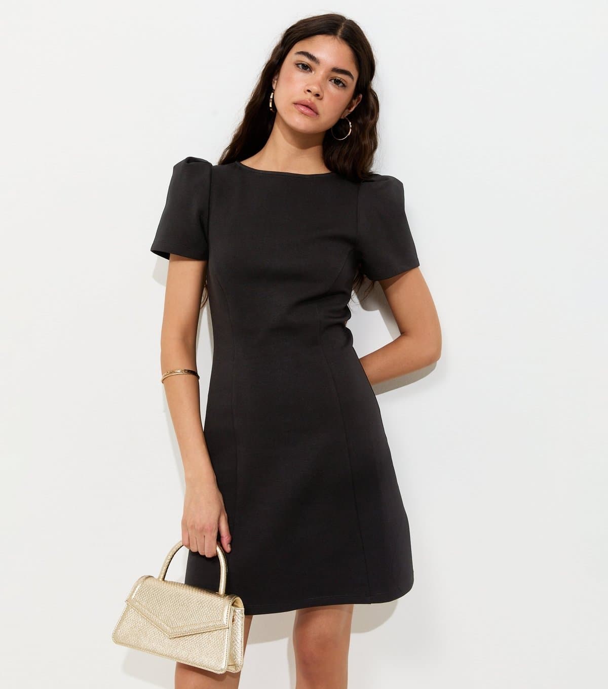 New Look Women's Black Cotton Rich Ponte Short Sleeve Structured Shoulder Mini Dress New Look