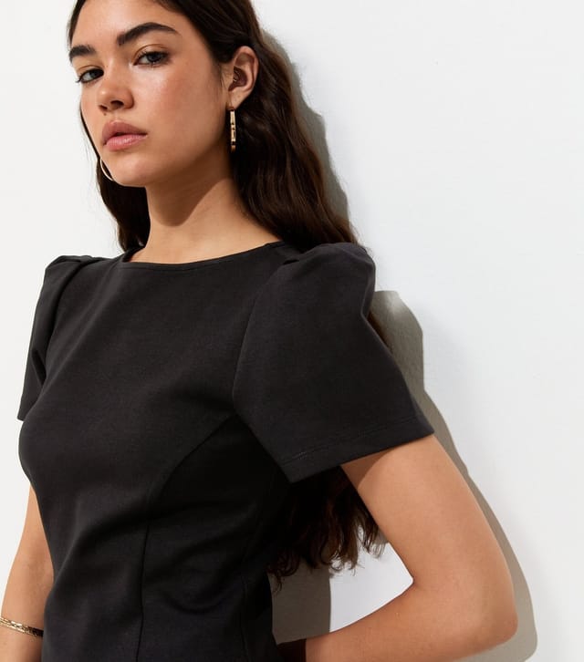New Look Women's Black Cotton Rich Ponte Short Sleeve Structured Shoulder Mini Dress New Look - 2