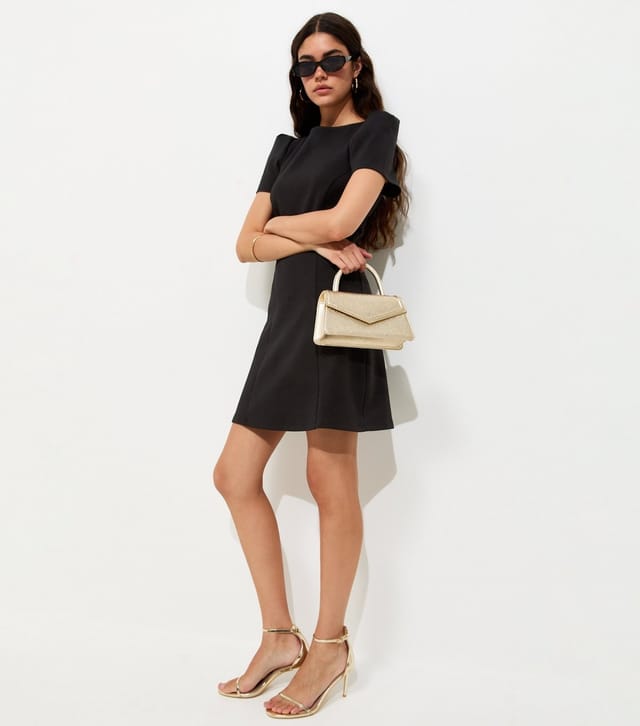 New Look Women's Black Cotton Rich Ponte Short Sleeve Structured Shoulder Mini Dress New Look - 3