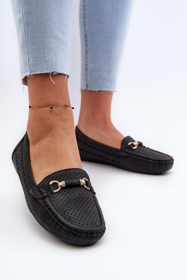Love Lace Love Lace Women's Gold Front Openwork Moccasins Soft Insole Comfort Everyday in Black - 3
