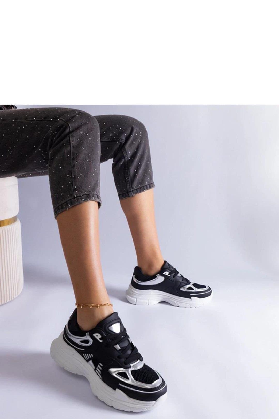 Love Lace Love Lace Women's Sport Sneakers with Silver Inserts & White Rubber Sole in Black