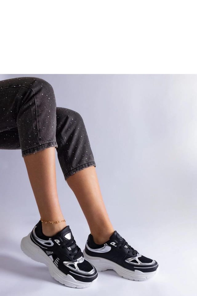 Love Lace Love Lace Women's Sport Sneakers with Silver Inserts & White Rubber Sole in Black - 2