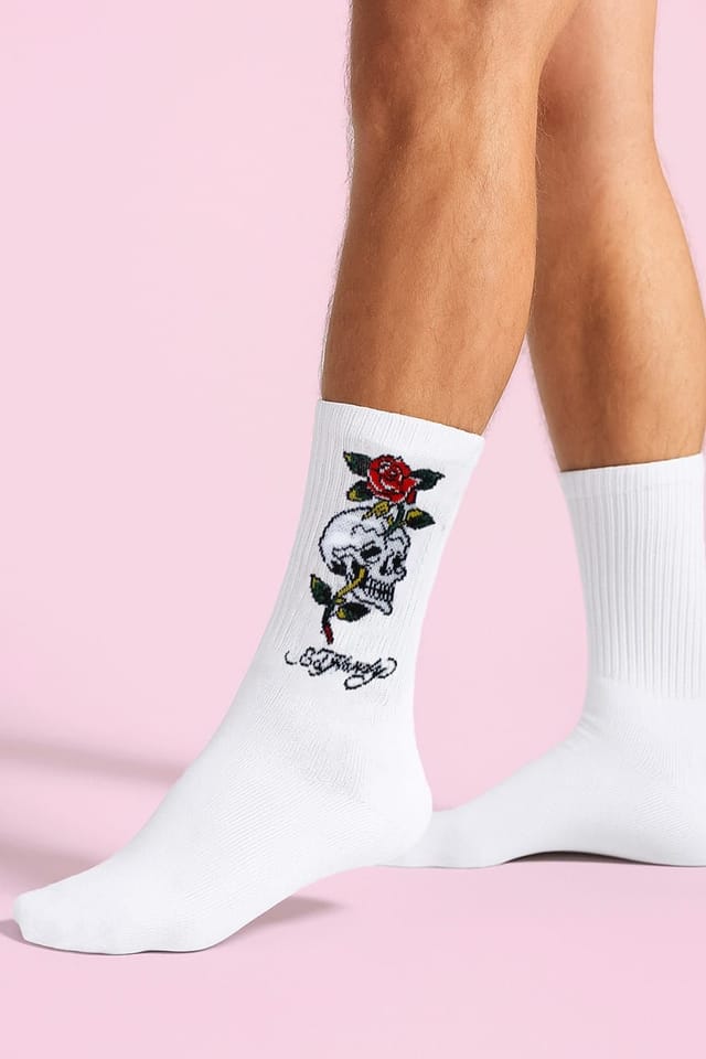 Ed Hardy Ed Hardy Men's 5 Pairs Crew Socks - Breathable Novelty Patterned Socks in White - 3